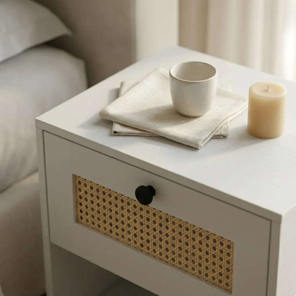 Tables de chevet blanches rotin lot de 2 — 1 tiroir, 40×30×52 cm | Elymnora Elymnora