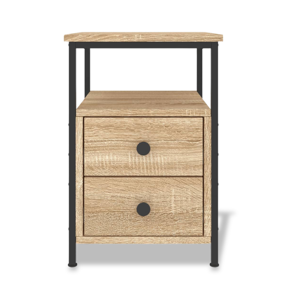 Table de chevet design chene sonoma et cadre fer, 2 tiroirs - teintes chaudes bois chambre