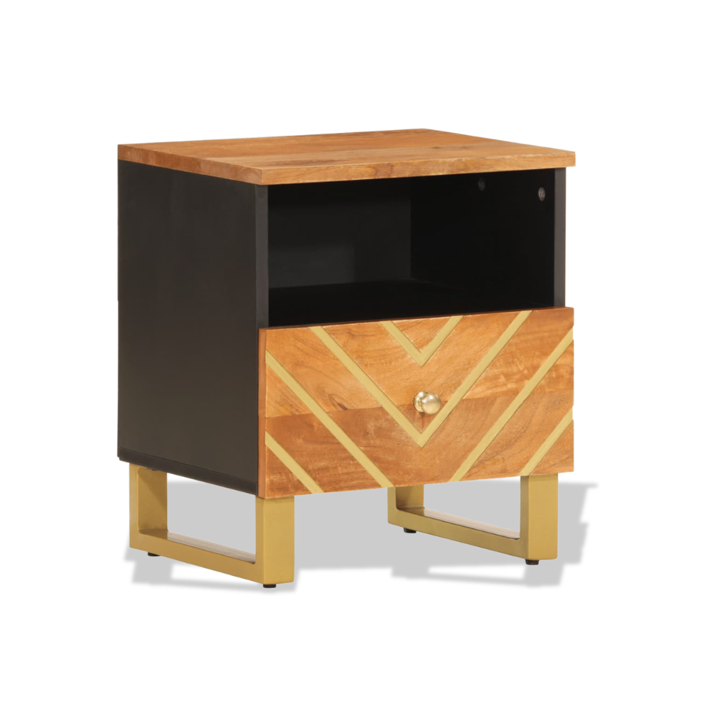 Table de chevet design manguier massif noir et laiton dore - elegance contemporaine chambre