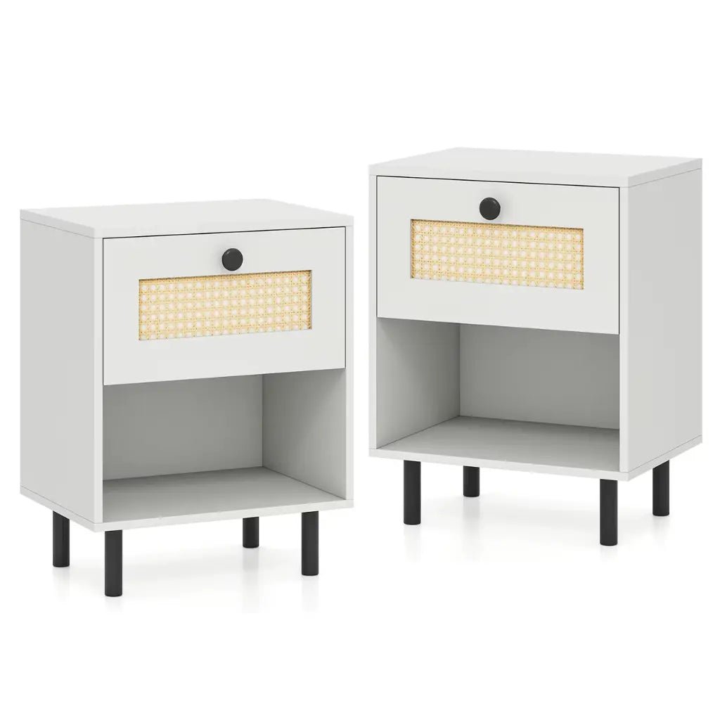 Tables de chevet blanches rotin lot de 2 — 1 tiroir, 40×30×52 cm | Elymnora