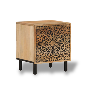 Table de chevet en manguier massif sculpte motif floral - bois naturel et artisanat chambre