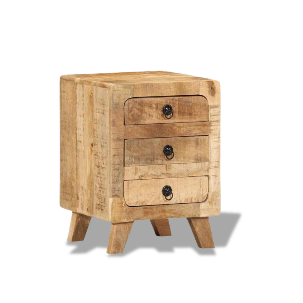 Table de chevet en manguier massif brut, 3 tiroirs - bois naturel non traite chambre