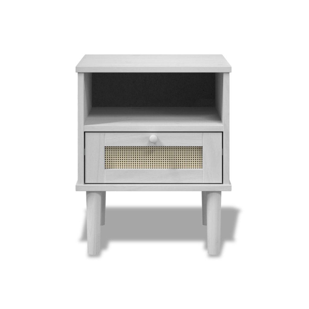 Table de chevet blanche en pin massif aspect rotin, 1 tiroir - style boheme chambre