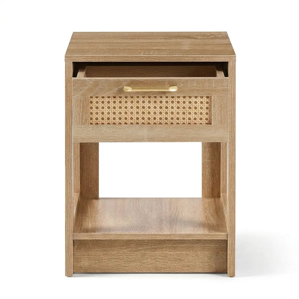 Table de chevet chene naturel aspect rotin, 1 tiroir - bois clair style naturel chambre