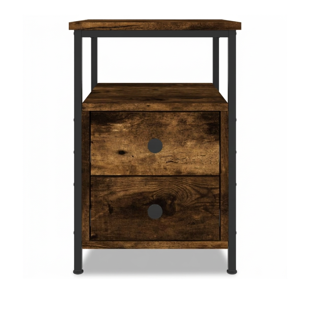 Table de chevet design chene fume et cadre fer, 2 tiroirs - teintes sombres bois chambre