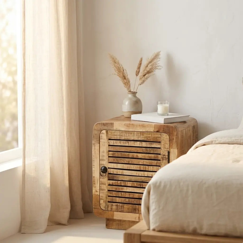 Table de chevet manguier porte lamelles vue 3/4 - bois brut et structure ajouree chambre