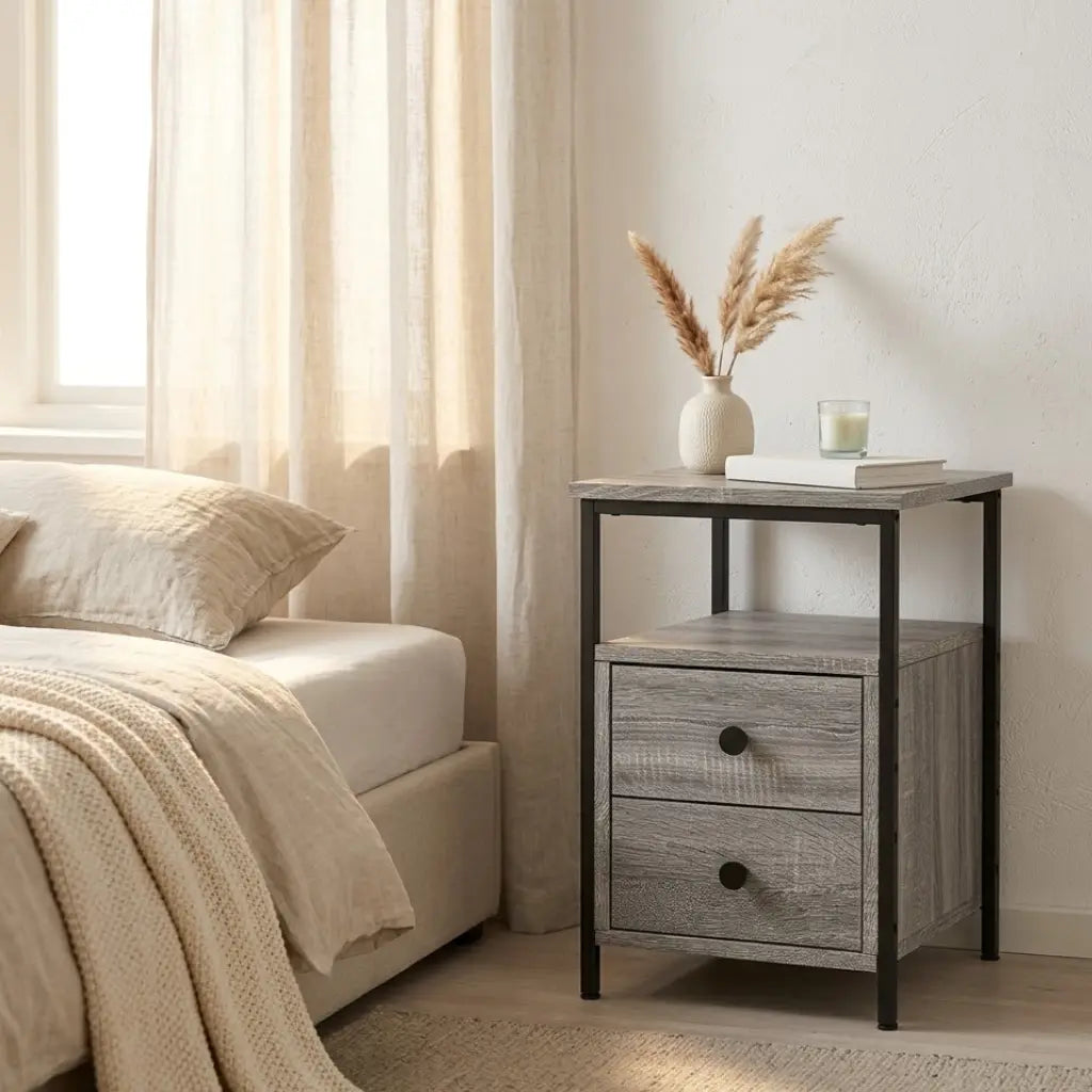 Table de chevet sonoma gris vue 3/4 - finition grise et structure metal chambre moderne