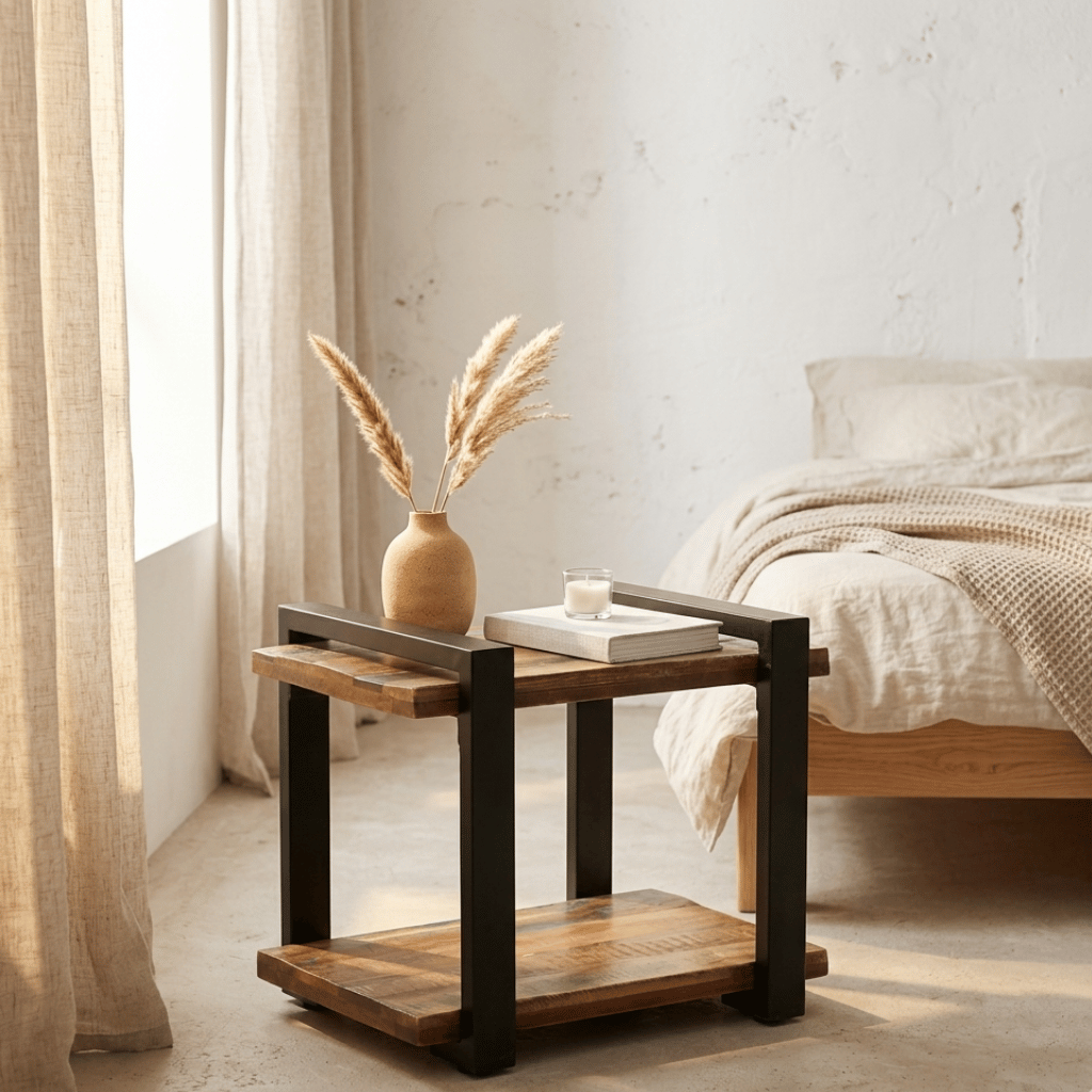 Vue face table chevet récupération multicolore 50x40 - couleurs bois chambre