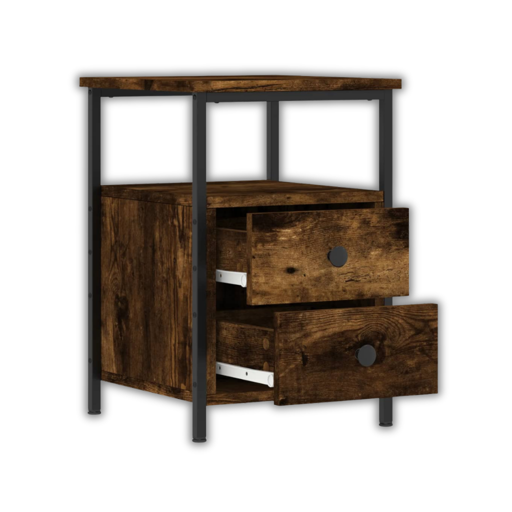Table de chevet chene fume vue 3/4 - bois teinte sombre et cadre metal noir chambre