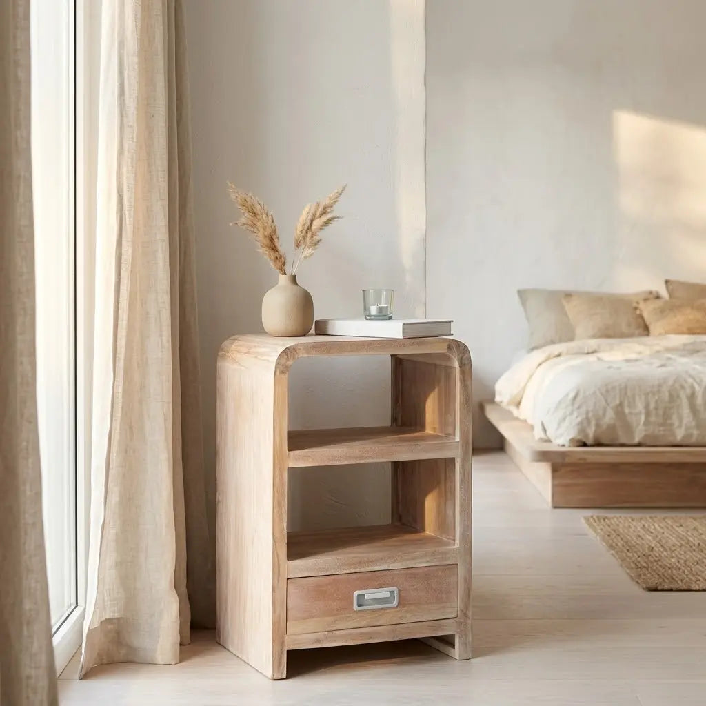 Table de chevet acacia massif blanchi — 2 niches, 1 tiroir, 40×30×60 cm | Elymnora Elymnora