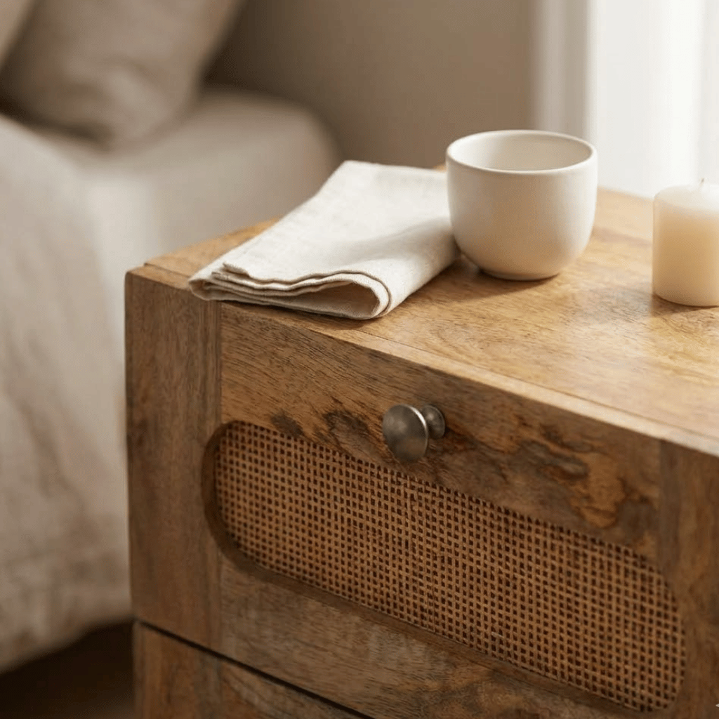 Table chevet manguier 2 tiroirs vue 3/4 - bois brut naturel japandi chambre