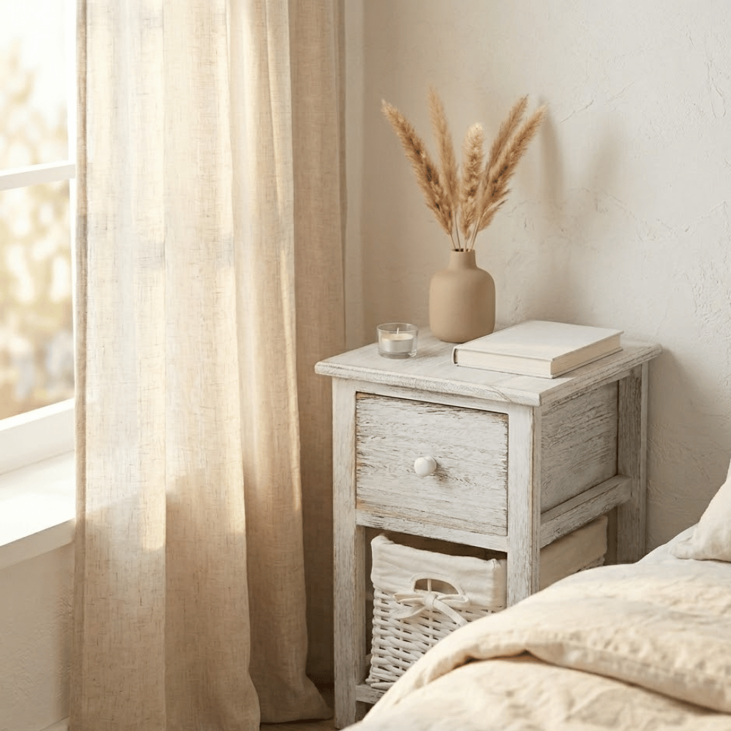 Table chevet osier blanc vue 3/4 - tiroir et panier osier chambre naturelle