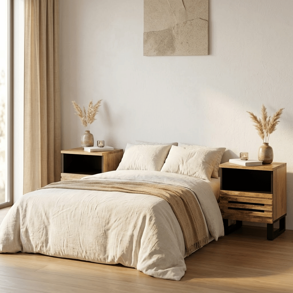 Lot 2 tables chevet manguier brut vue 3/4 - bois acier japandi chambre naturelle