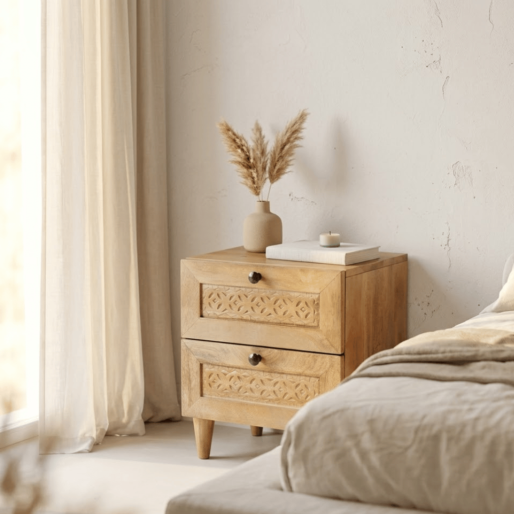 Table chevet marron clair 2 tiroirs vue 3/4 - manguier brossé chambre moderne