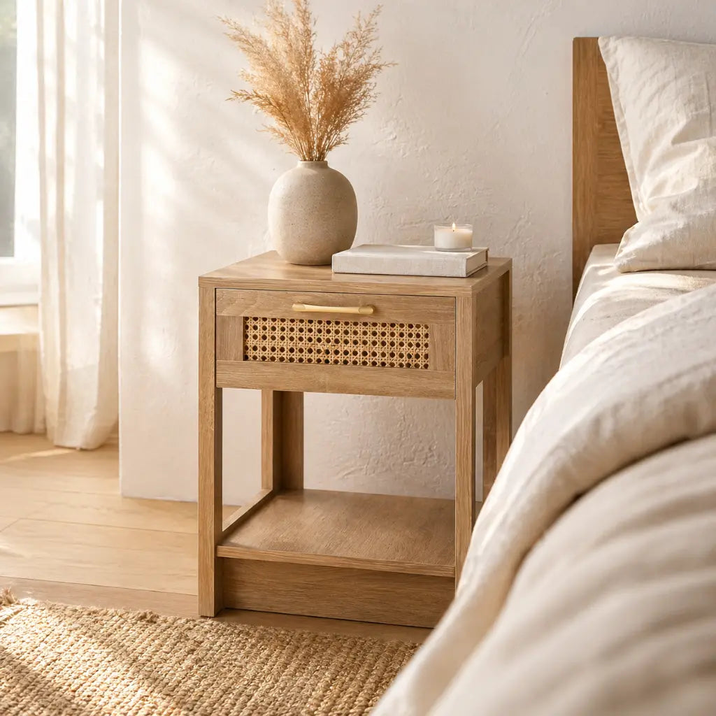 Table de chevet chene rotin vue 3/4 - tiroir aspect rotin et finition chene clair chambre
