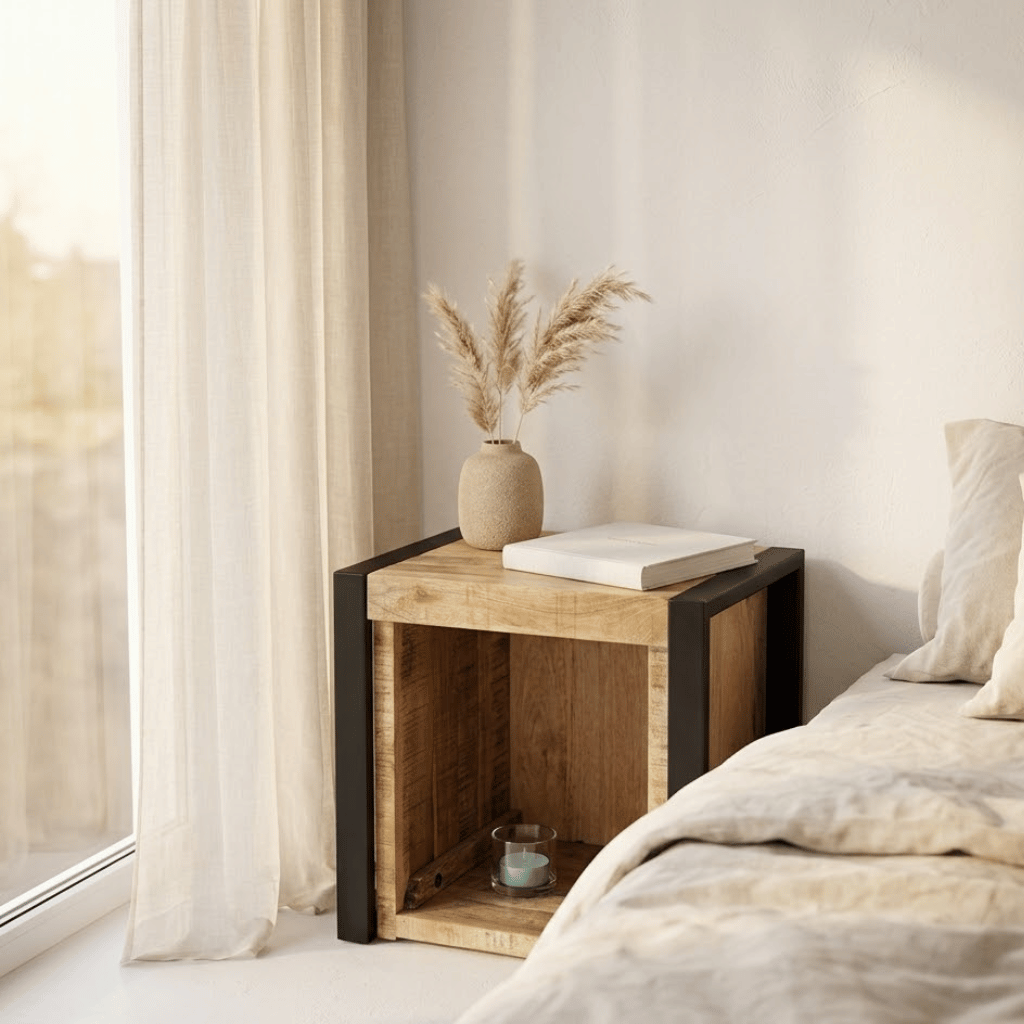 Vue face table chevet manguier brut 40x35x40 - cube bois naturel chambre