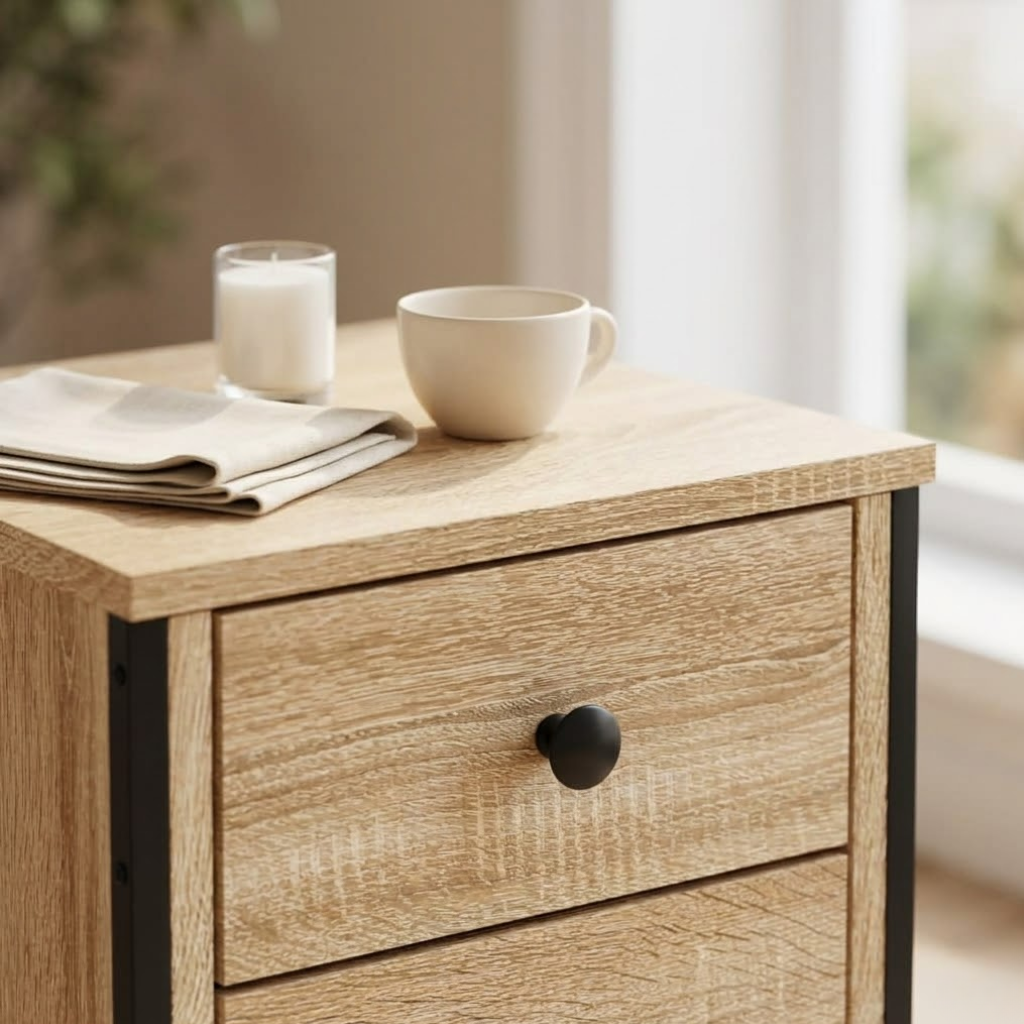 Table de chevet chene sonoma vue 3/4 - finition bois chaud et structure metal chambre