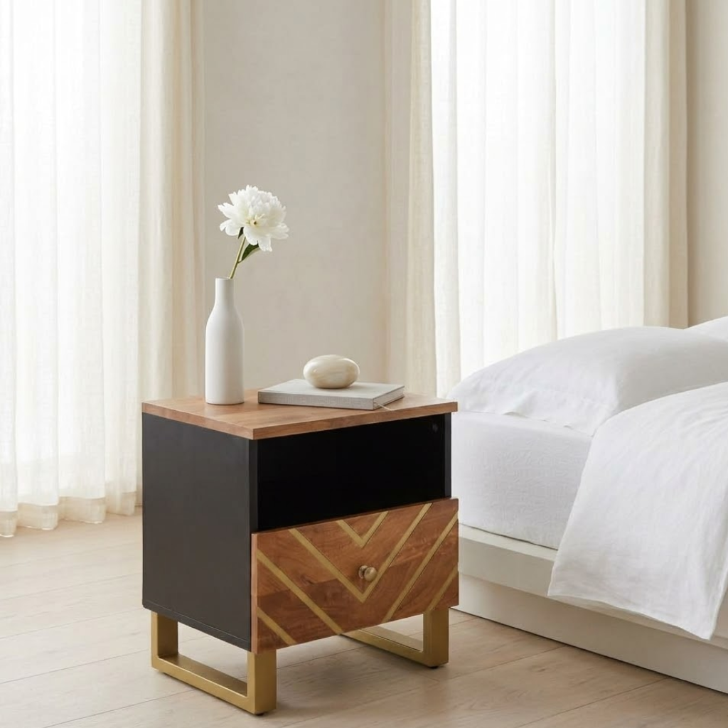 Detail laiton dore sur table de chevet manguier noir - pieds metal brillant et bois