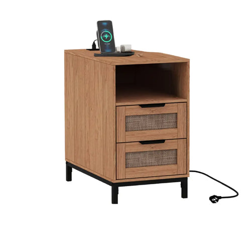 Table de chevet avec station de charge intégrée — 2 tiroirs rotin, 38×60×61 cm | Elymnora