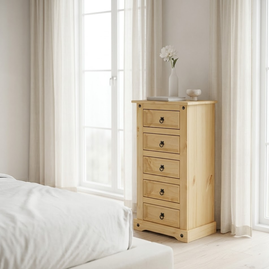 Table de chevet pin corona vue 3/4 - 5 tiroirs bois massif naturel style rustique chambre