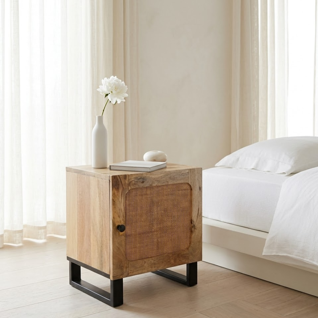 Table de chevet rotin manguier metal noir vue 3/4 - matieres mixtes design naturel chambre