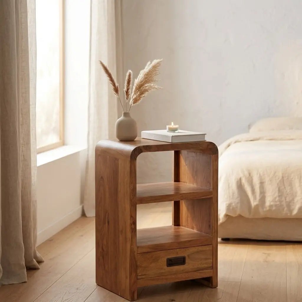 Table de chevet acacia massif finition miel — 2 niches, 1 tiroir, 40×30×60 cm | Elymnora Elymnora