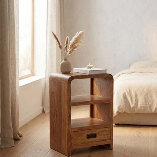 Table de chevet acacia massif finition miel — 2 niches, 1 tiroir, 40×30×60 cm | Elymnora