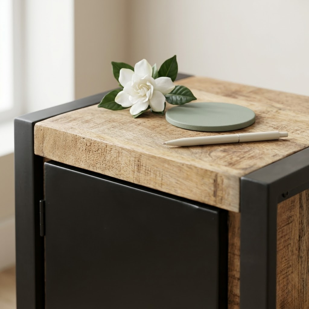 Table de chevet manguier brut naturel vue 3/4 - bois massif et pieds metal noir chambre