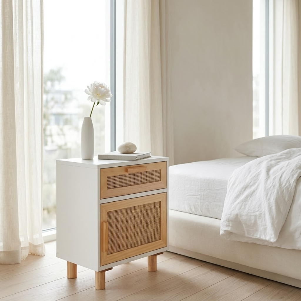 Table de chevet blanche rotin vue 3/4 - pin massif et vannerie naturelle style boheme chambre