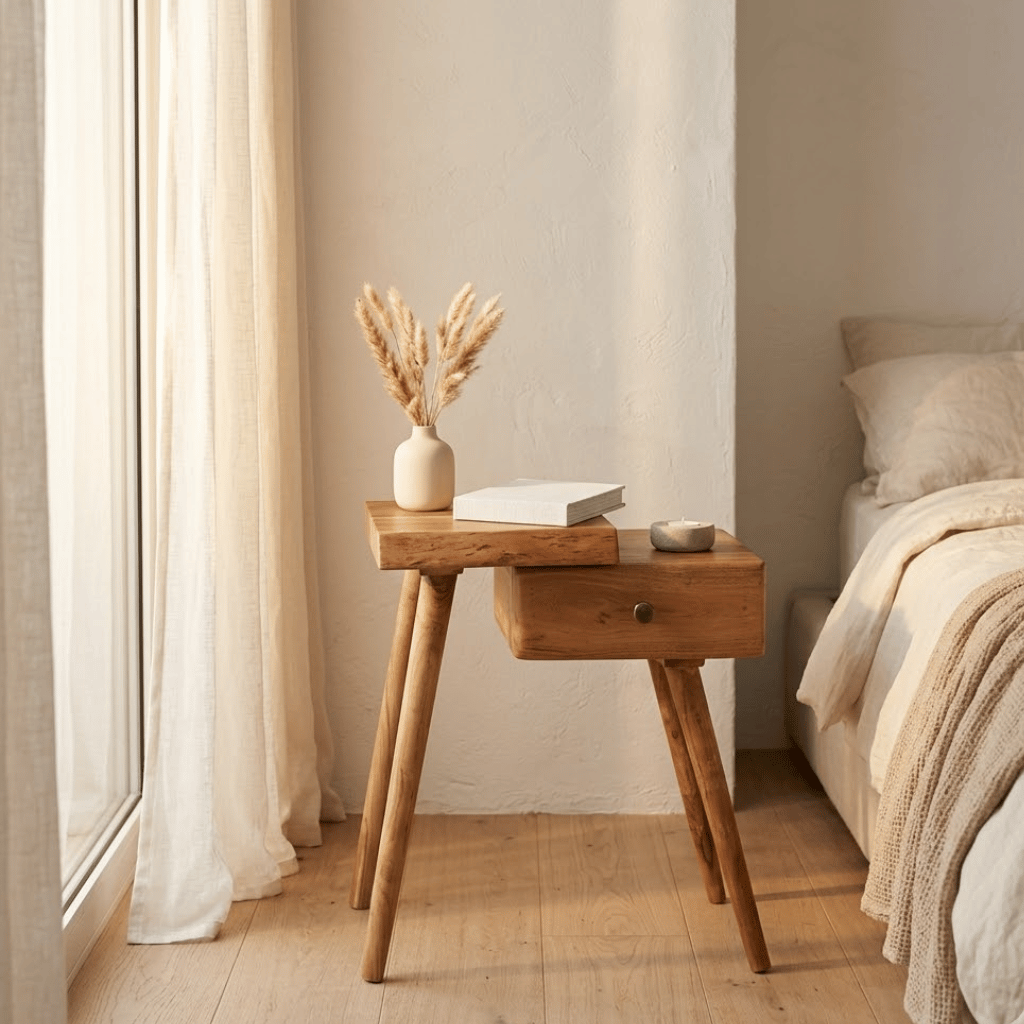 Table chevet acacia massif vue 3/4 - structure solide grain naturel japandi chambre