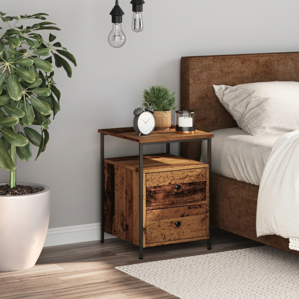 Table de chevet vieux bois metal vue 3/4 - finition vieillie et structure fer chambre
