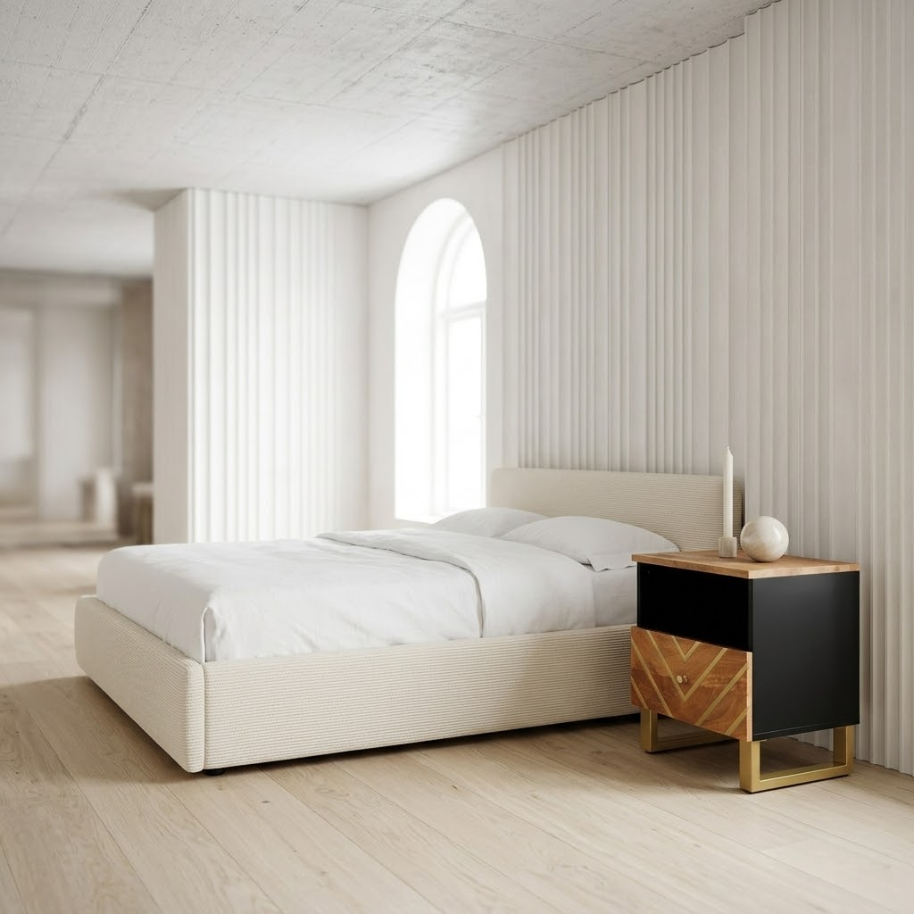 Texture manguier noir de la table de chevet - grain sombre et accents laiton dore chambre