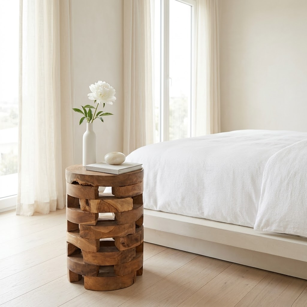 Detail sculpture teck sur table de chevet organique - veinage naturel et bois massif