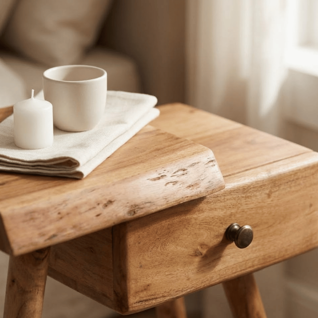 Detail surface table chevet acacia massif 45x32x55 - bois brut naturel chambre