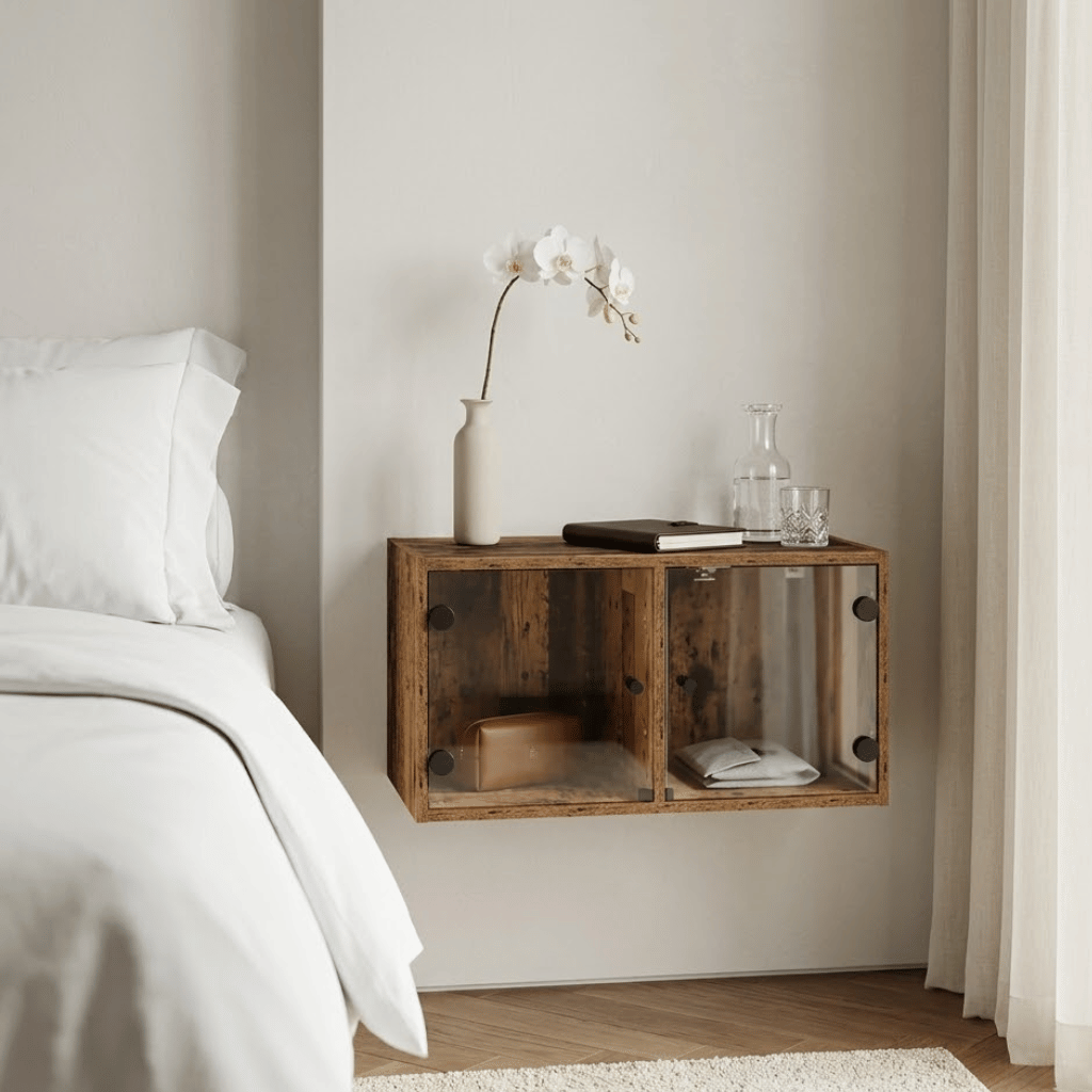 Table chevet suspendue chêne sonoma vue 3/4 - portes verre fixation murale