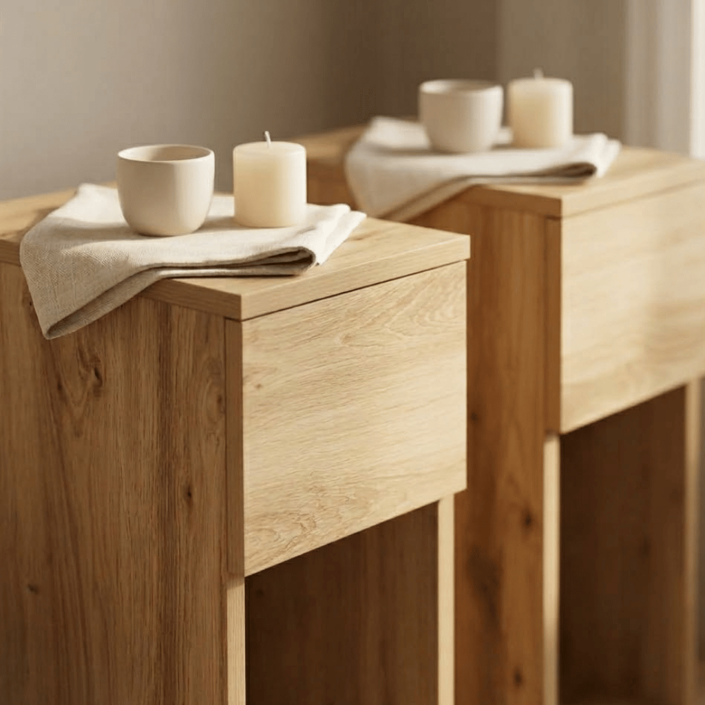 Detail tiroir table de chevet chêne artisanal compact - rangement scandinave