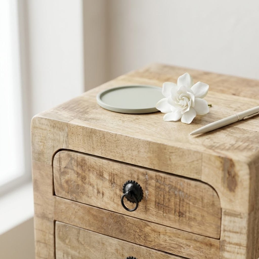 Detail 3 tiroirs manguier brut sur table de chevet - bois naturel et finition brute