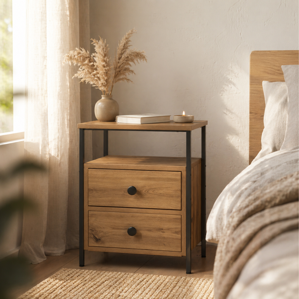 Detail 2 tiroirs chene artisanal sur table de chevet - cadre metal et bois massif chambre