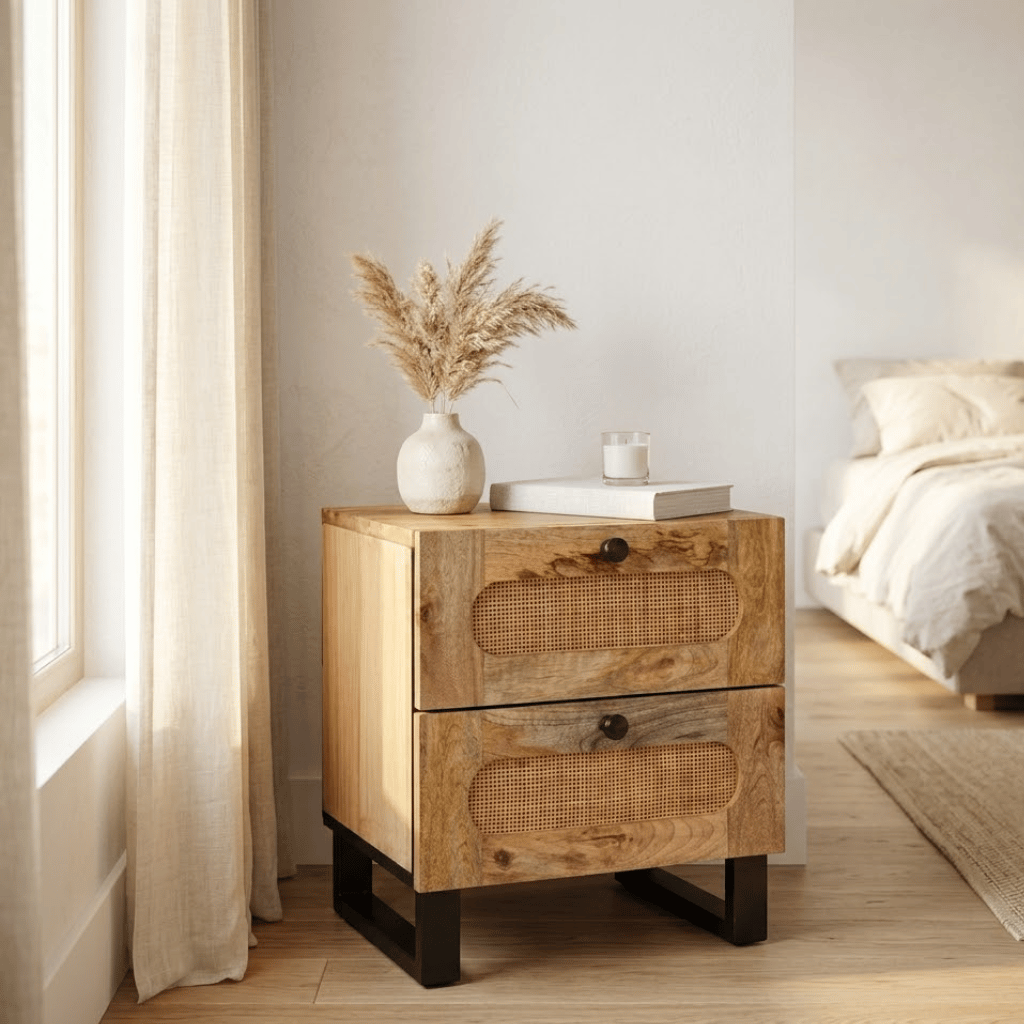 Detail 2 tiroirs table chevet manguier massif - rangement chambre bohème naturel