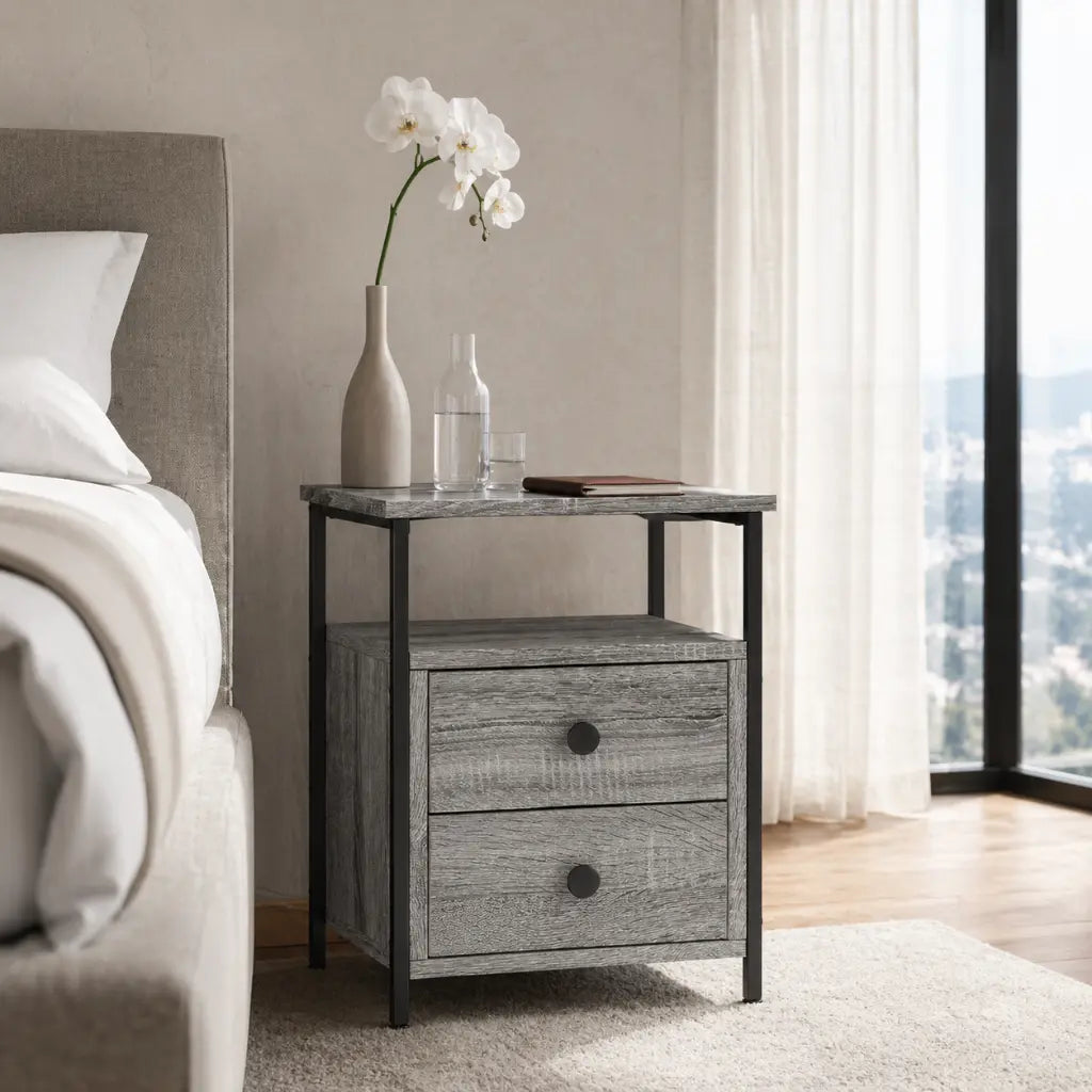 Detail 2 tiroirs sonoma gris sur table de chevet - bois gris et cadre fer chambre