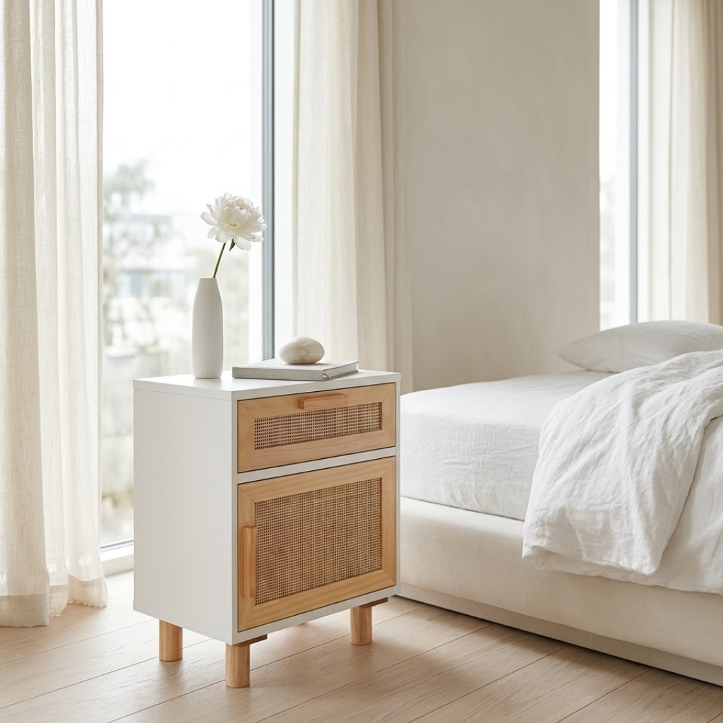 Detail porte en rotin naturel de la table de chevet blanche - rangement ferme artisanat
