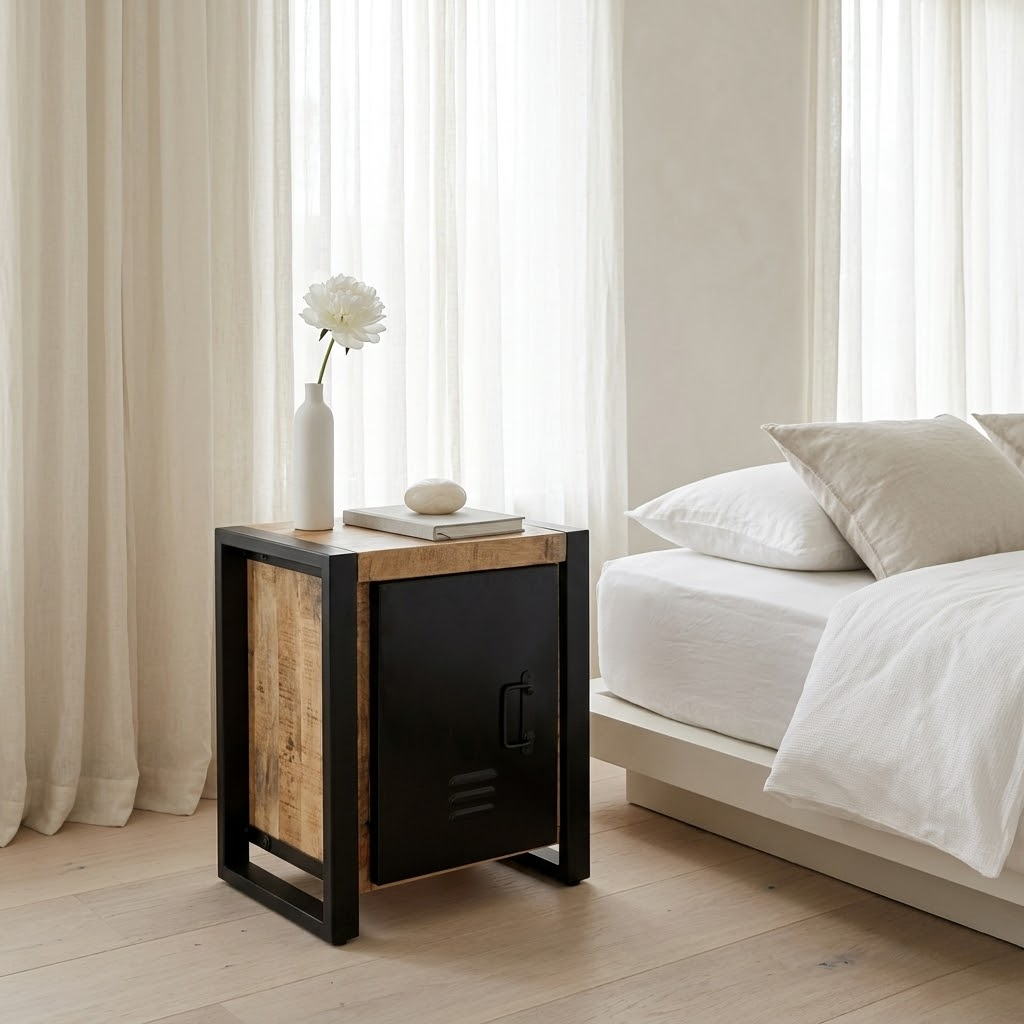 Detail pieds fer sur table de chevet manguier brut naturel - structure metal et bois