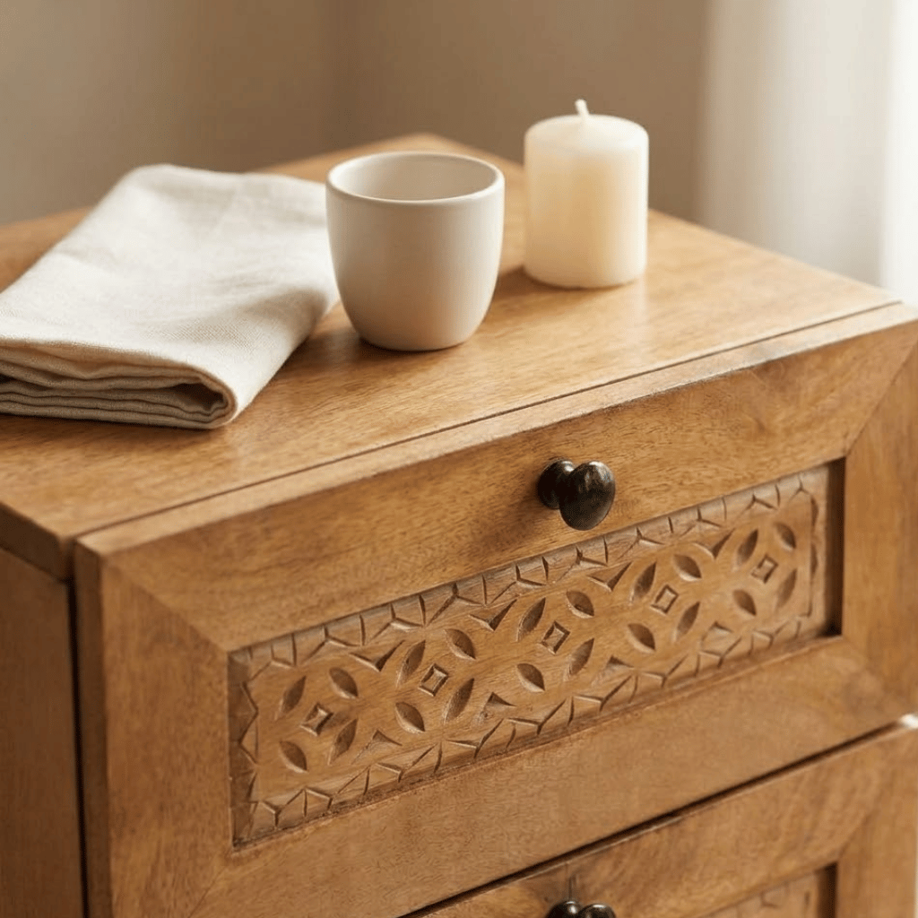 Detail 2 tiroirs table chevet bois marron clair - rangement pratique chambre