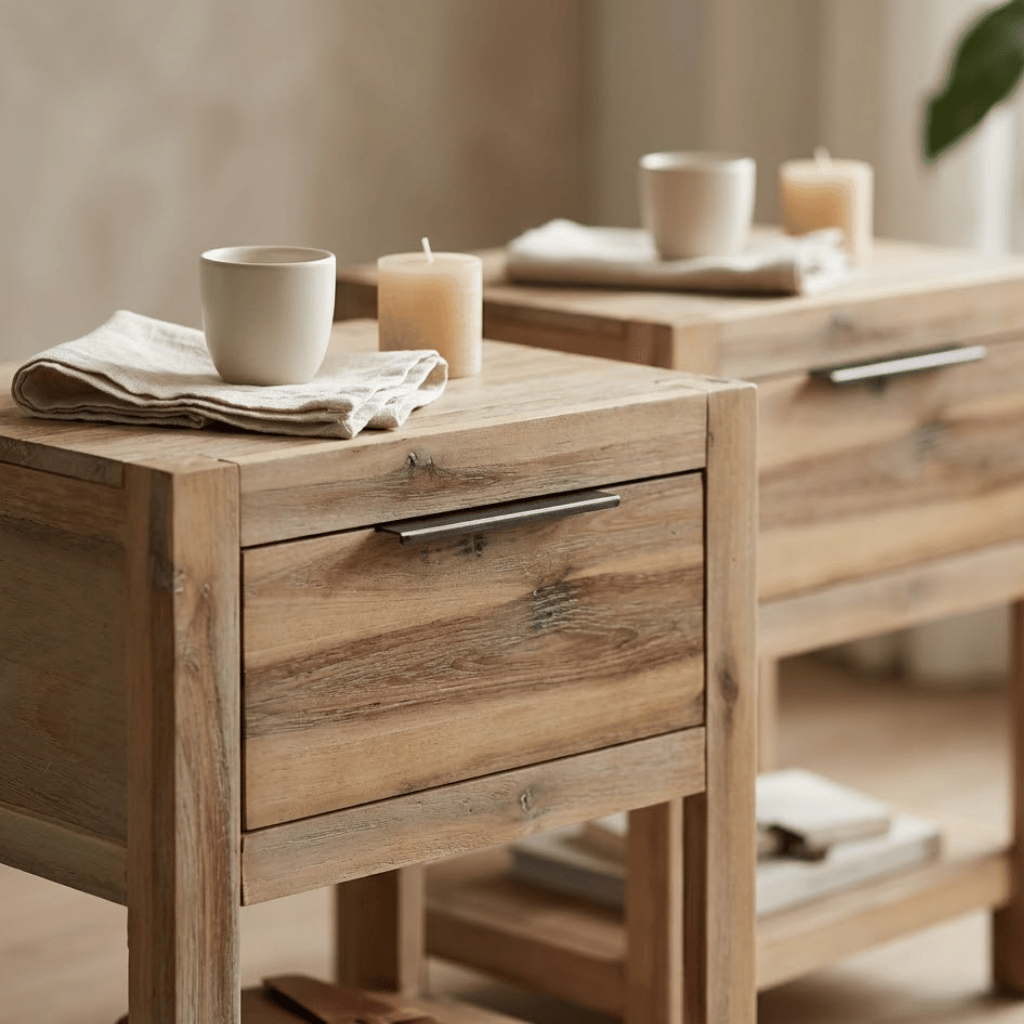 Detail finition brossée table de chevet acacia - surface texturée grain bois chambre