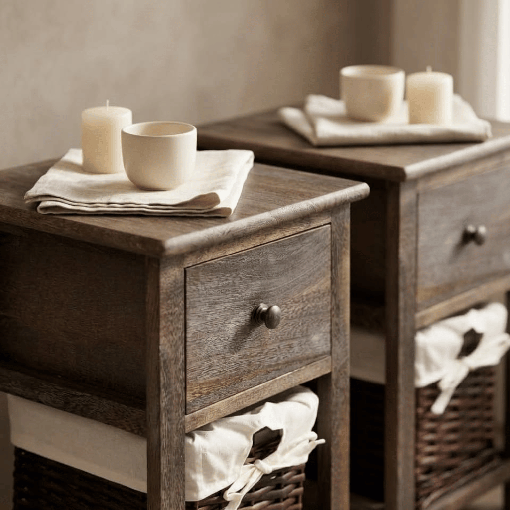 Detail osier marron table de chevet - vannerie naturelle tressée chambre bohème