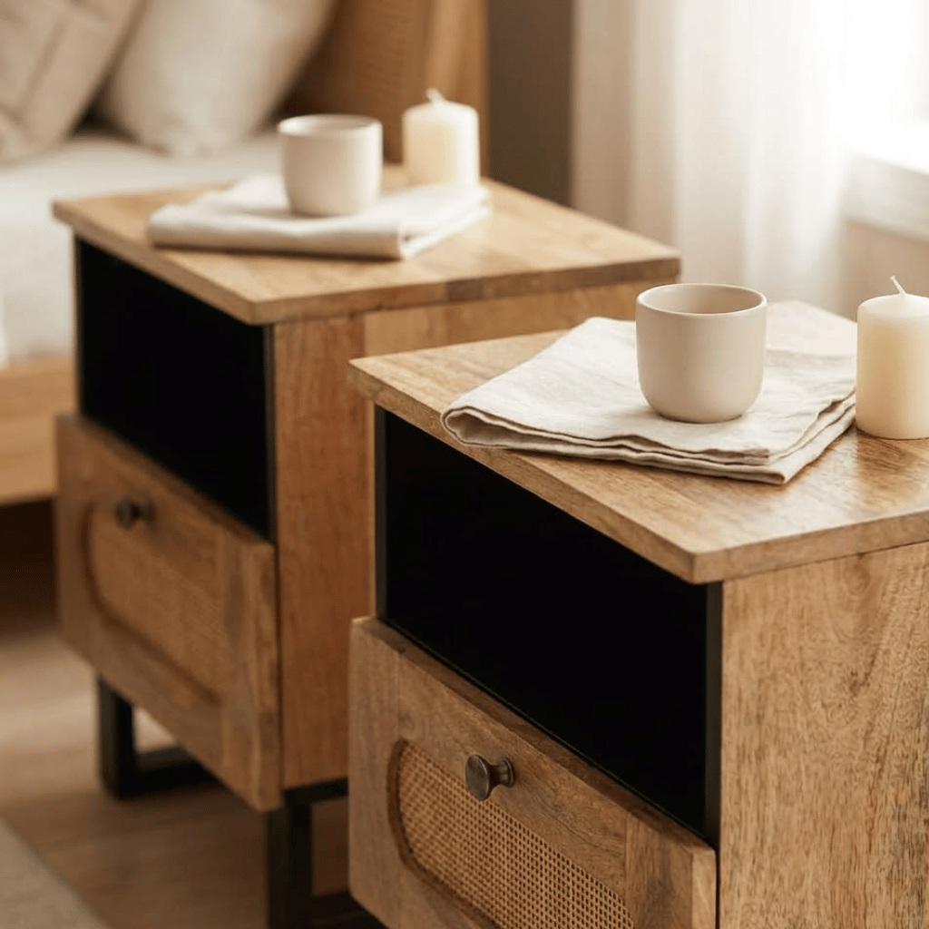 Detail table chevet manguier massif lot 2 - tiroir rangement bois naturel chambre