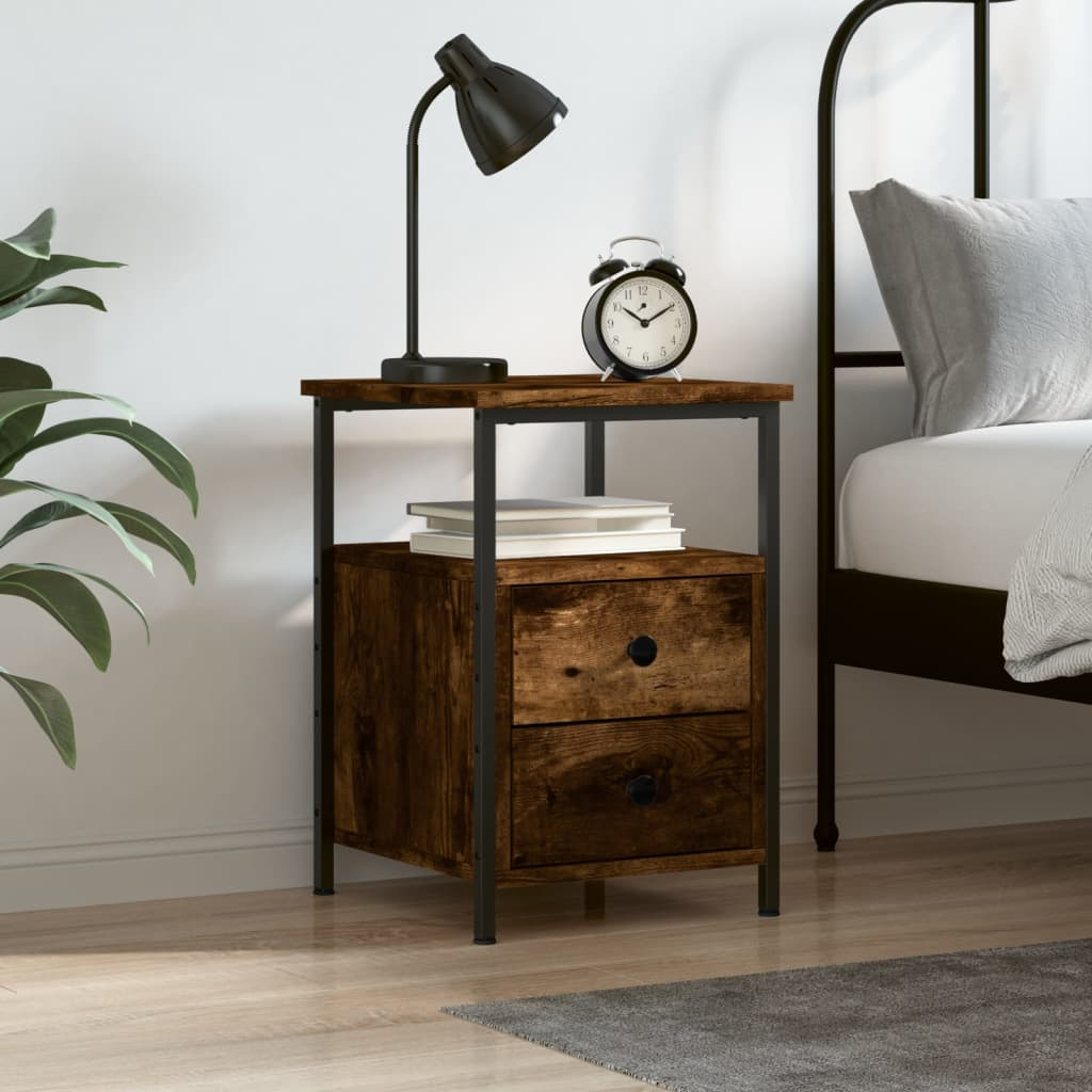 Detail tiroirs chene fume sur table de chevet - finition sombre et cadre fer chambre