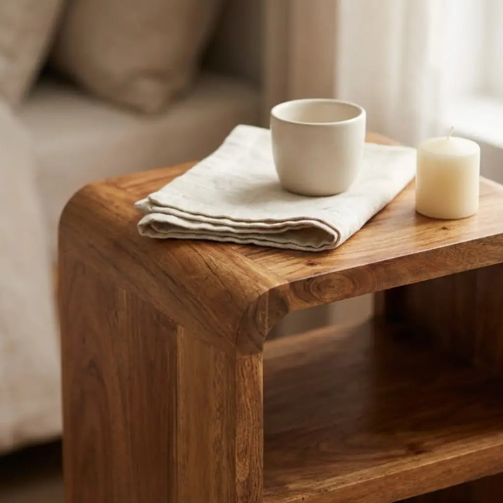 Table de chevet acacia massif finition miel — 2 niches, 1 tiroir, 40×30×60 cm | Elymnora Elymnora