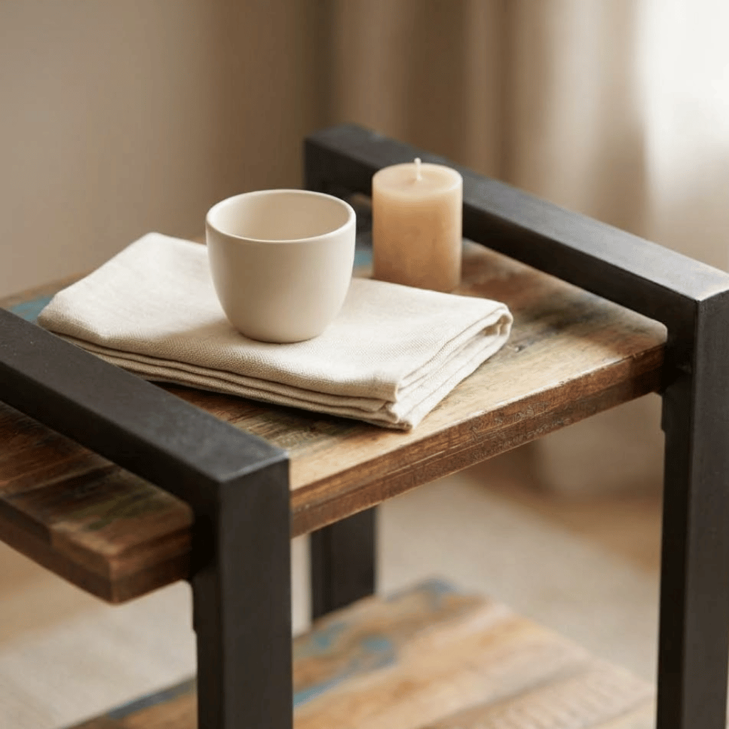 Table chevet récupération multicolore vue 3/4 - bois coloré vintage wabi-sabi