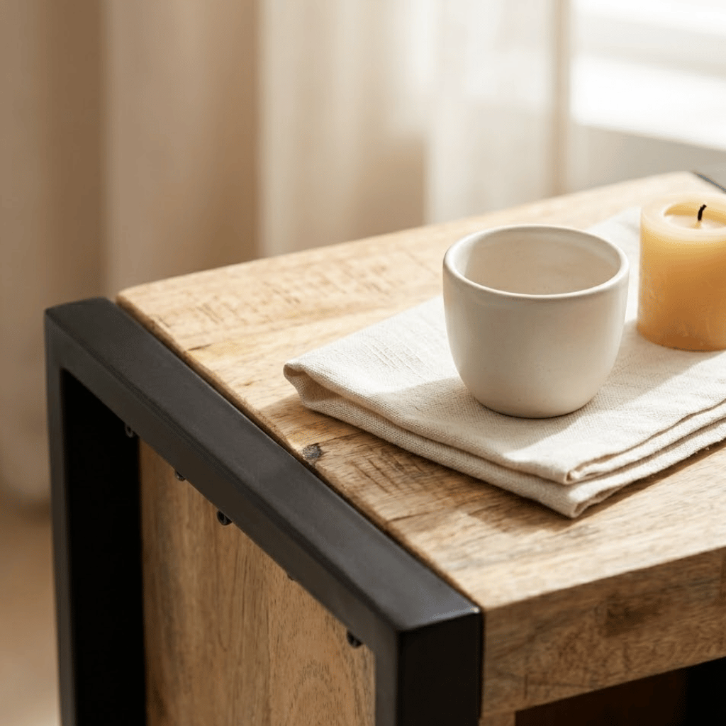 Table chevet manguier brut cube vue 3/4 - forme carrée bois naturel wabi-sabi